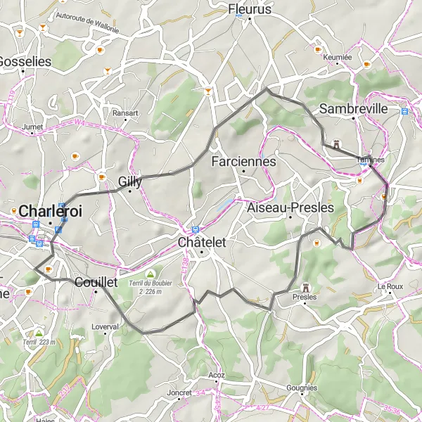 Map miniature of "Historical Road Ride" cycling inspiration in Prov. Namur, Belgium. Generated by Tarmacs.app cycling route planner