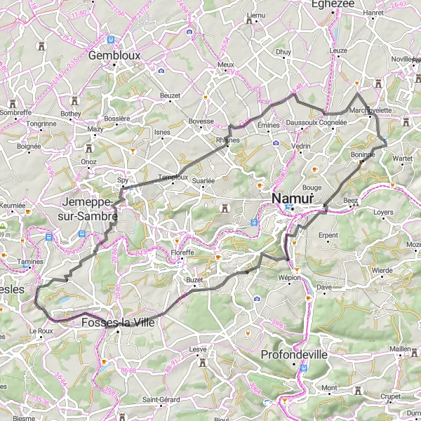 Map miniature of "Countryside Charm: Moustier-sur-Sambre to Gelbressée" cycling inspiration in Prov. Namur, Belgium. Generated by Tarmacs.app cycling route planner