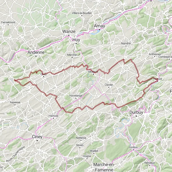 Miniatuurkaart van de fietsinspiratie "Bergen en Uitzichten rond Faulx-Les Tombes" in Prov. Namur, Belgium. Gemaakt door de Tarmacs.app fietsrouteplanner