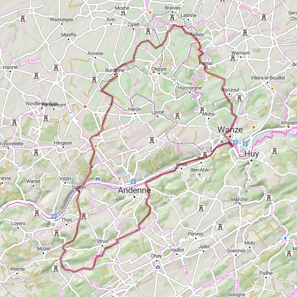 Map miniature of "Goyet and Fallais Loop" cycling inspiration in Prov. Namur, Belgium. Generated by Tarmacs.app cycling route planner