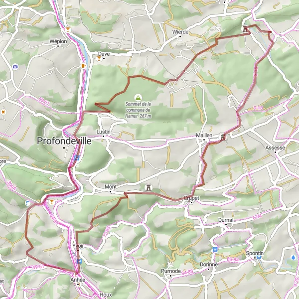 Map miniature of "Adventurous Gravel Ride" cycling inspiration in Prov. Namur, Belgium. Generated by Tarmacs.app cycling route planner