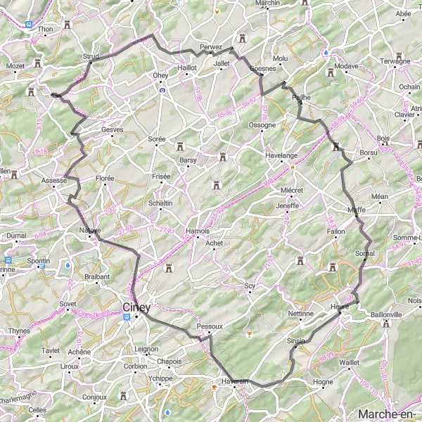 Miniatuurkaart van de fietsinspiratie "Ontdekkingstocht van Coutisse naar Ciney" in Prov. Namur, Belgium. Gemaakt door de Tarmacs.app fietsrouteplanner