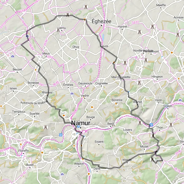 Map miniature of "Caves and Riverside Charm" cycling inspiration in Prov. Namur, Belgium. Generated by Tarmacs.app cycling route planner