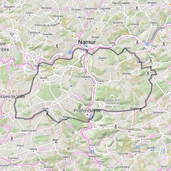 Karten-Miniaturansicht der Radinspiration "Road-Tour um Faulx-Les Tombes" in Prov. Namur, Belgium. Erstellt vom Tarmacs.app-Routenplaner für Radtouren
