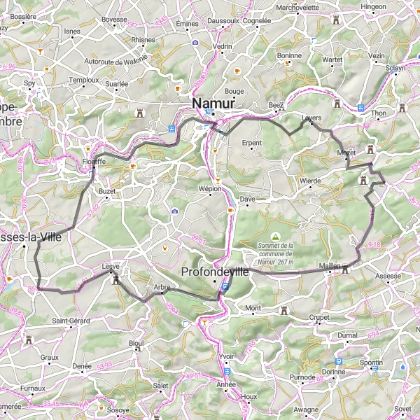 Miniatuurkaart van de fietsinspiratie "Fietsavontuur van Château de Faulx naar Namur" in Prov. Namur, Belgium. Gemaakt door de Tarmacs.app fietsrouteplanner