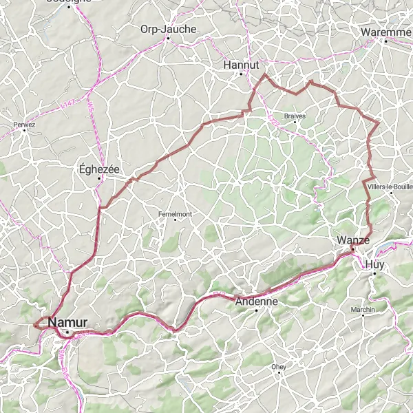 Map miniature of "Belgrade and Château de Beez Gravel Adventure" cycling inspiration in Prov. Namur, Belgium. Generated by Tarmacs.app cycling route planner