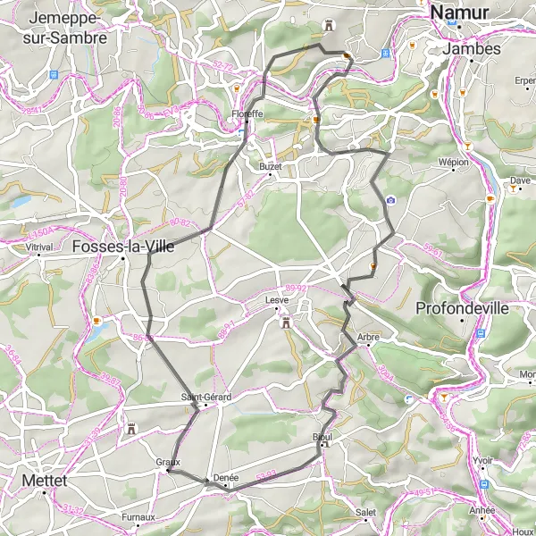 Map miniature of "Flawinne and Floreffe Loop" cycling inspiration in Prov. Namur, Belgium. Generated by Tarmacs.app cycling route planner