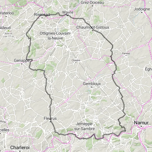 Map miniature of "Flawinne and Villers-la-Ville Historic Tour" cycling inspiration in Prov. Namur, Belgium. Generated by Tarmacs.app cycling route planner