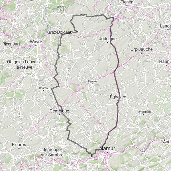 Map miniature of "Château de Flawinne and Tourinnes-la-Grosse Loop" cycling inspiration in Prov. Namur, Belgium. Generated by Tarmacs.app cycling route planner
