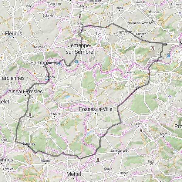 Map miniature of "Buzet Circuit" cycling inspiration in Prov. Namur, Belgium. Generated by Tarmacs.app cycling route planner