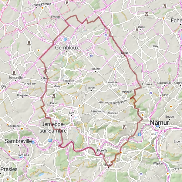 Map miniature of "Discovering Hidden Gems near Floreffe" cycling inspiration in Prov. Namur, Belgium. Generated by Tarmacs.app cycling route planner