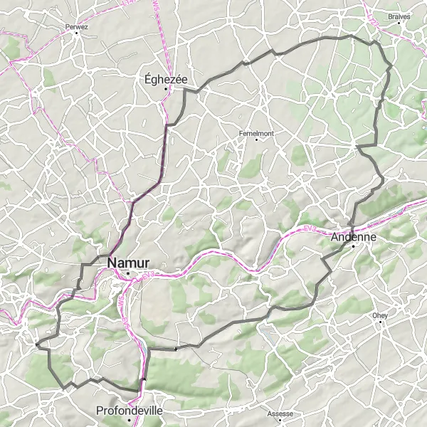 Map miniature of "A Road Cycling Adventure to Grottes de Goyet" cycling inspiration in Prov. Namur, Belgium. Generated by Tarmacs.app cycling route planner