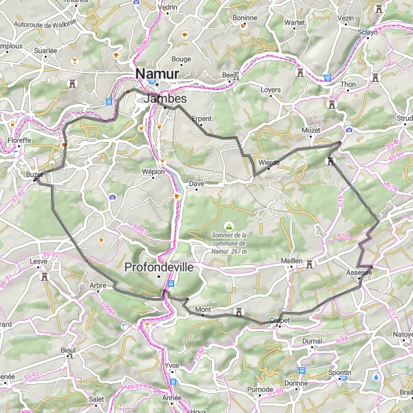 Miniatuurkaart van de fietsinspiratie "Wegroute van Floreffe naar Mont en Le Piroy" in Prov. Namur, Belgium. Gemaakt door de Tarmacs.app fietsrouteplanner