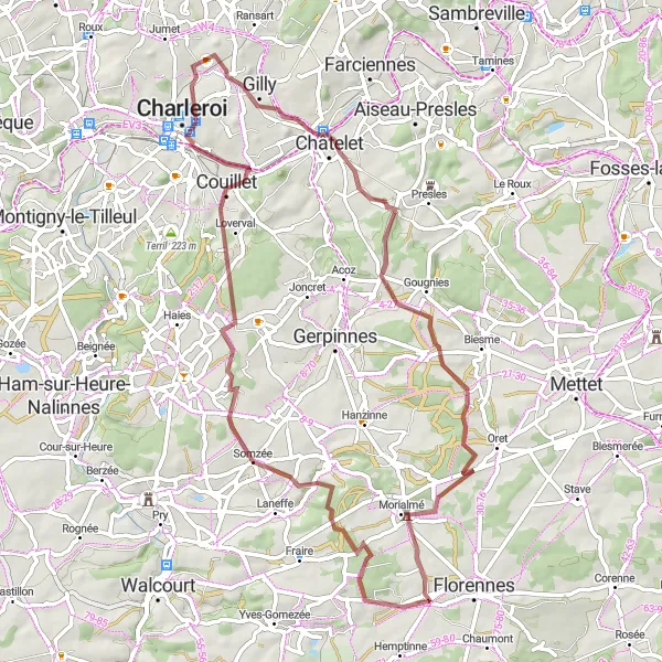 Map miniature of "Florennes to Somzée and Saint-Aubin Gravel Route" cycling inspiration in Prov. Namur, Belgium. Generated by Tarmacs.app cycling route planner