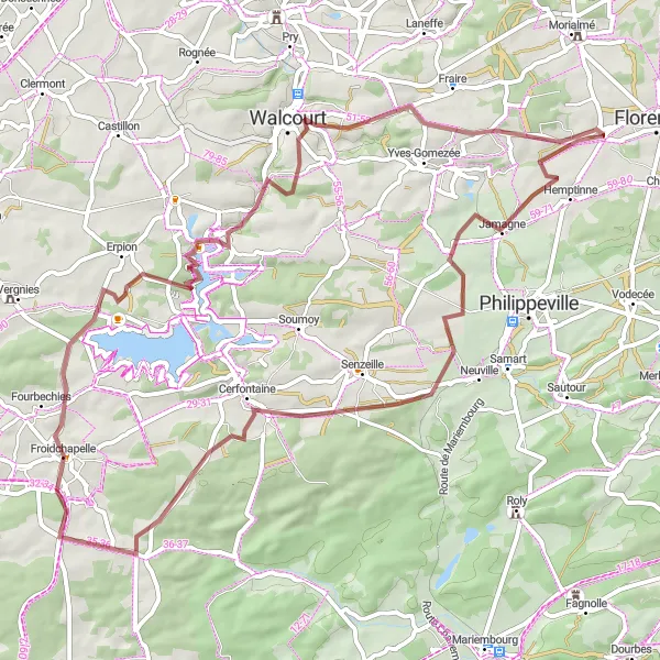 Map miniature of "Jamiolle to Silenrieux and Fairoul Gravel Route" cycling inspiration in Prov. Namur, Belgium. Generated by Tarmacs.app cycling route planner