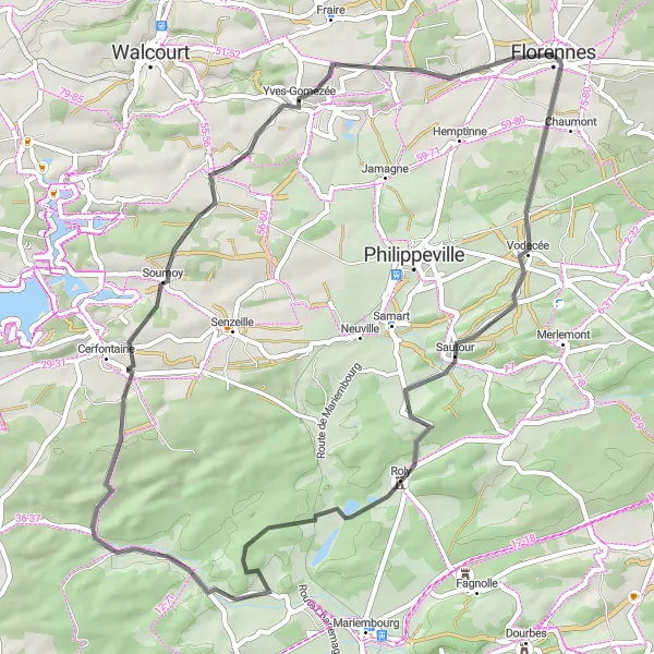 Map miniature of "Vodecée to Château de Florennes Road Route" cycling inspiration in Prov. Namur, Belgium. Generated by Tarmacs.app cycling route planner