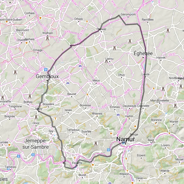 Map miniature of "Franière to Floreffe Road Exploration" cycling inspiration in Prov. Namur, Belgium. Generated by Tarmacs.app cycling route planner