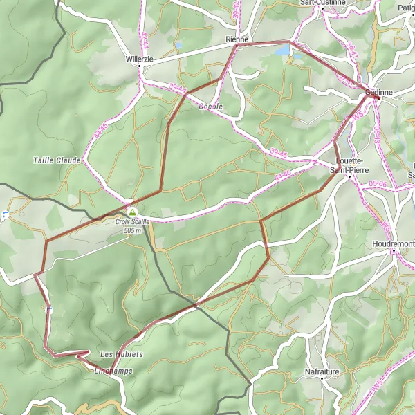 Miniatuurkaart van de fietsinspiratie "Verkenningstocht van Louette-Saint-Pierre naar Rienne" in Prov. Namur, Belgium. Gemaakt door de Tarmacs.app fietsrouteplanner