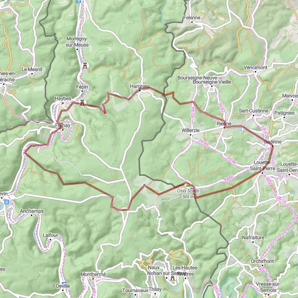Karten-Miniaturansicht der Radinspiration "57 km lange Gravel-Tour durch Gedinne, Roche de l'Uf und Haybes" in Prov. Namur, Belgium. Erstellt vom Tarmacs.app-Routenplaner für Radtouren
