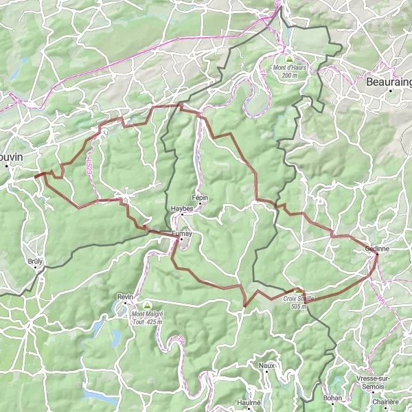 Miniature de la carte de l'inspiration cycliste "Exploration de la Vallée de la Meuse" dans la Prov. Namur, Belgium. Générée par le planificateur d'itinéraire cycliste Tarmacs.app