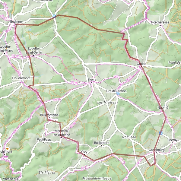 Map miniature of "Gravel Route from Gedinne" cycling inspiration in Prov. Namur, Belgium. Generated by Tarmacs.app cycling route planner