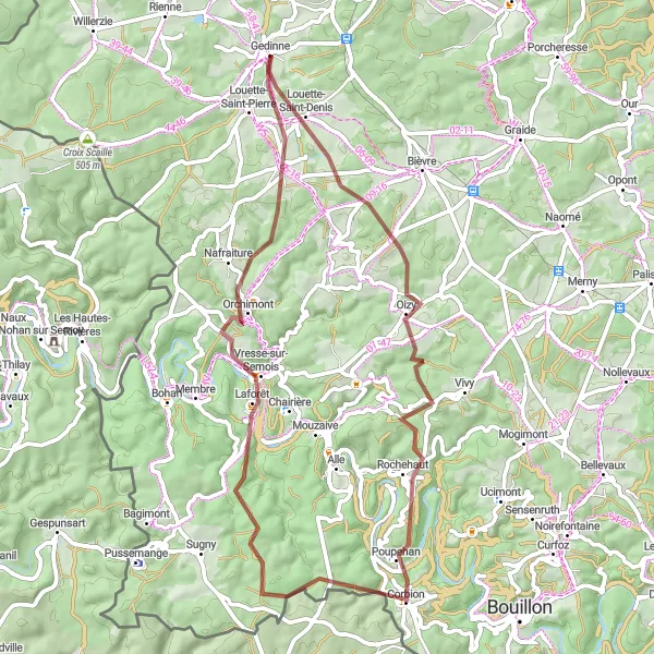 Karten-Miniaturansicht der Radinspiration "Abenteuerliche Gravelstrecke von Gedinne nach Nafraiture" in Prov. Namur, Belgium. Erstellt vom Tarmacs.app-Routenplaner für Radtouren