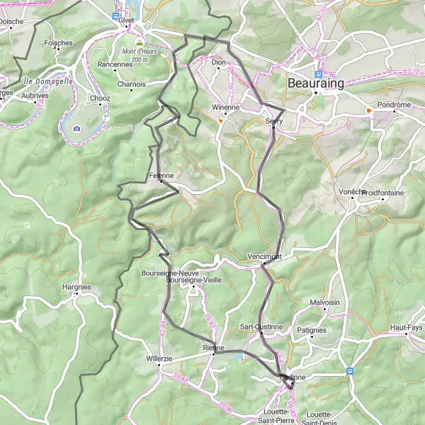Miniatuurkaart van de fietsinspiratie "Rienne en Bourseigne-Neuve Road Route" in Prov. Namur, Belgium. Gemaakt door de Tarmacs.app fietsrouteplanner
