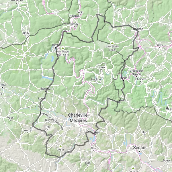 Miniature de la carte de l'inspiration cycliste "Les Abbayes et les Villages du Nyon" dans la Prov. Namur, Belgium. Générée par le planificateur d'itinéraire cycliste Tarmacs.app