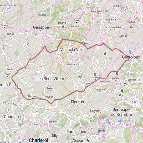 Map miniature of "The Historical Gravel Route" cycling inspiration in Prov. Namur, Belgium. Generated by Tarmacs.app cycling route planner