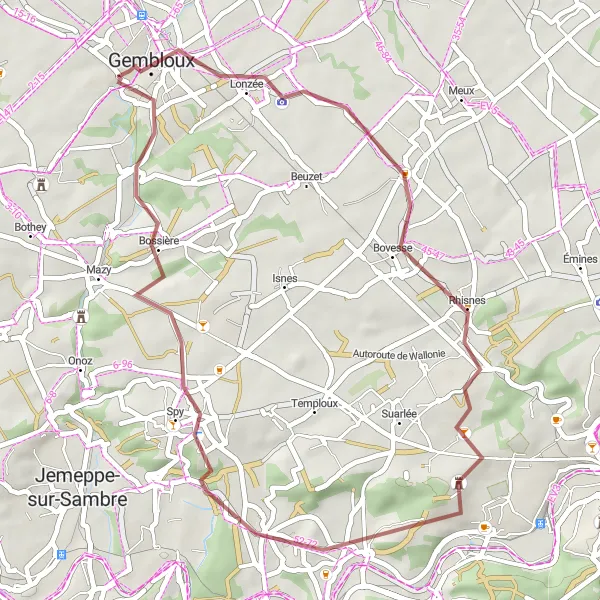 Map miniature of "The Rhisnes and Spy Gravel Discovery" cycling inspiration in Prov. Namur, Belgium. Generated by Tarmacs.app cycling route planner