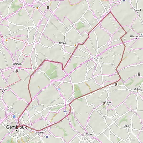 Map miniature of "Gembloux to Château d'Aische" cycling inspiration in Prov. Namur, Belgium. Generated by Tarmacs.app cycling route planner