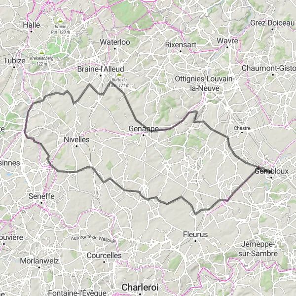 Map miniature of "Gembloux to Grand-Manil" cycling inspiration in Prov. Namur, Belgium. Generated by Tarmacs.app cycling route planner