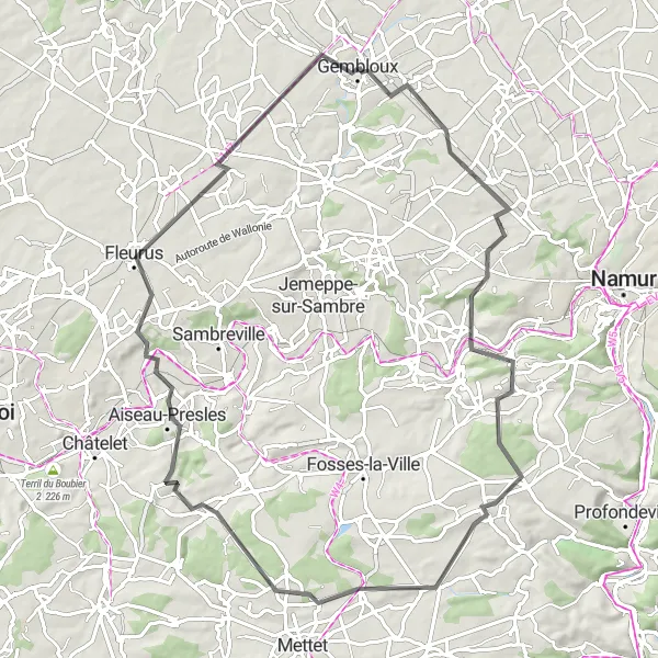 Karten-Miniaturansicht der Radinspiration "Rundfahrt von Gembloux nach Lonzée und zurück" in Prov. Namur, Belgium. Erstellt vom Tarmacs.app-Routenplaner für Radtouren