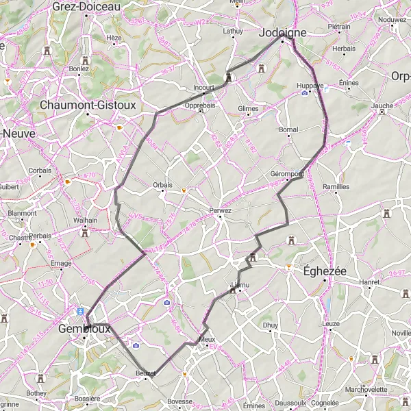 Map miniature of "The Classic Circuit of Jodoigne" cycling inspiration in Prov. Namur, Belgium. Generated by Tarmacs.app cycling route planner
