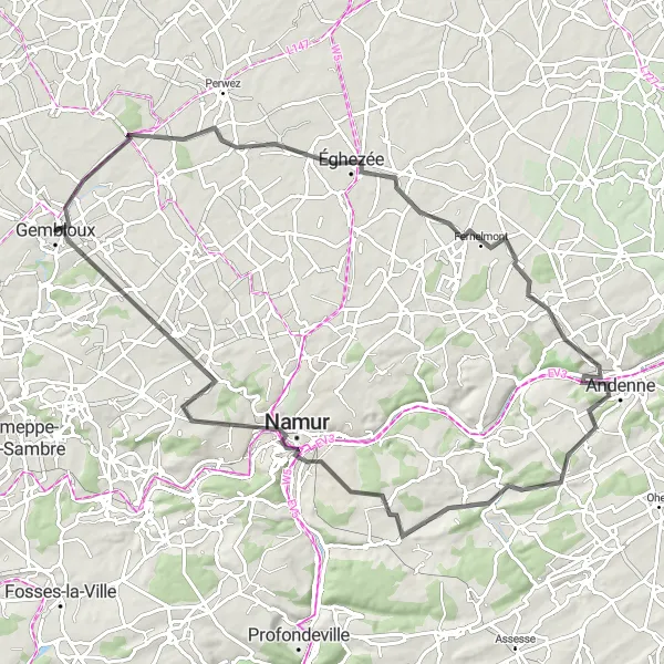 Map miniature of "Gembloux to Namur via Fernelmont" cycling inspiration in Prov. Namur, Belgium. Generated by Tarmacs.app cycling route planner