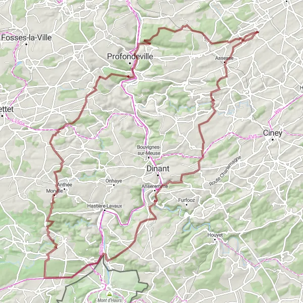 Karten-Miniaturansicht der Radinspiration "Gravel-Abenteuer in Gesves" in Prov. Namur, Belgium. Erstellt vom Tarmacs.app-Routenplaner für Radtouren