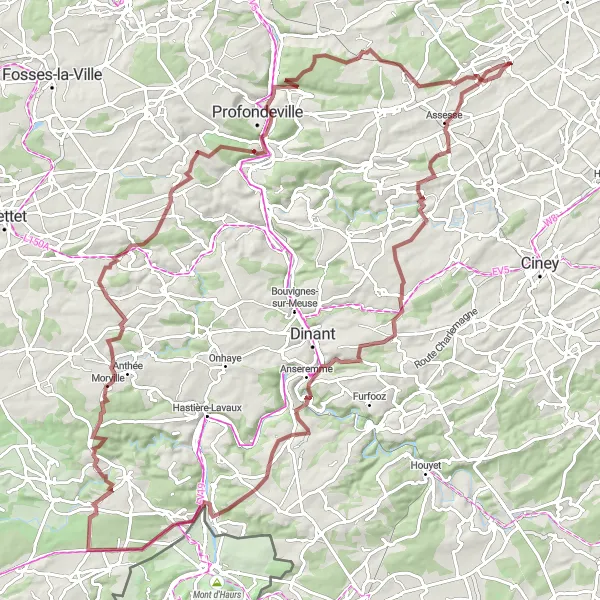 Miniature de la carte de l'inspiration cycliste "Tour à vélo gravel à la découverte des panoramas de la région namuroise" dans la Prov. Namur, Belgium. Générée par le planificateur d'itinéraire cycliste Tarmacs.app