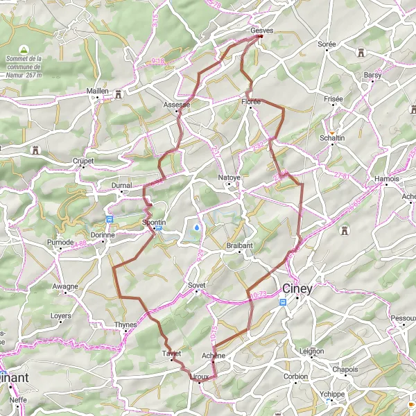 Map miniature of "Gravel Route of Gesves" cycling inspiration in Prov. Namur, Belgium. Generated by Tarmacs.app cycling route planner