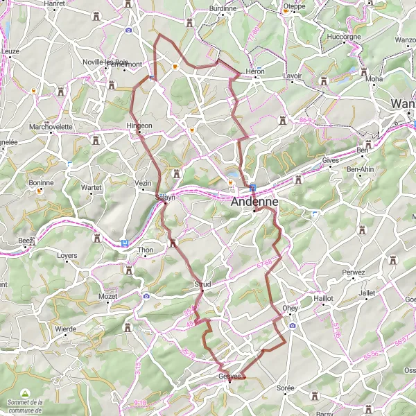 Map miniature of "Scenic Gravel Ride through Gesves" cycling inspiration in Prov. Namur, Belgium. Generated by Tarmacs.app cycling route planner