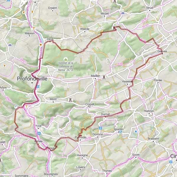 Map miniature of "Ultimate Gravel Challenge in Gesves" cycling inspiration in Prov. Namur, Belgium. Generated by Tarmacs.app cycling route planner