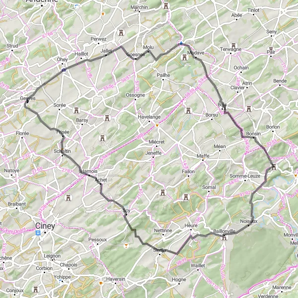 Karten-Miniaturansicht der Radinspiration "Radtour durch Gesves und Umgebung" in Prov. Namur, Belgium. Erstellt vom Tarmacs.app-Routenplaner für Radtouren