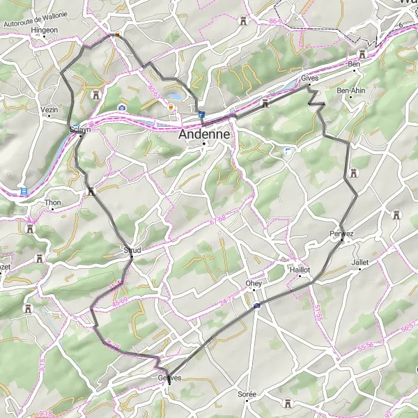 Map miniature of "Road Route of Gesves" cycling inspiration in Prov. Namur, Belgium. Generated by Tarmacs.app cycling route planner