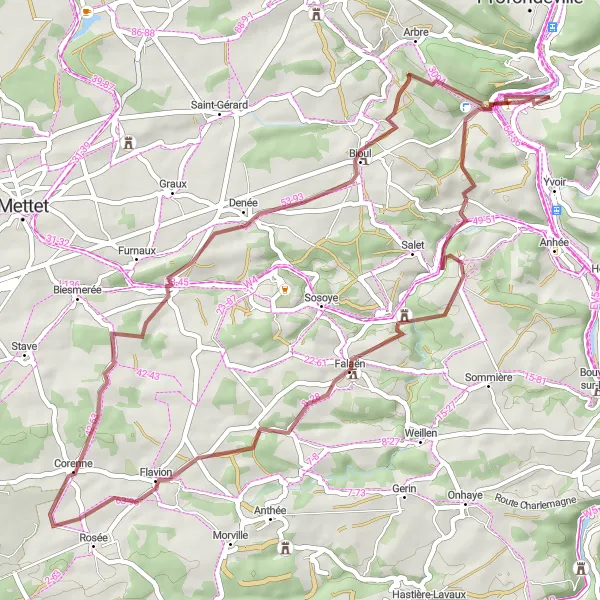 Map miniature of "Gravel Adventure through Historic Villages" cycling inspiration in Prov. Namur, Belgium. Generated by Tarmacs.app cycling route planner
