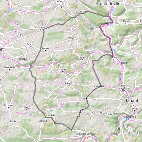 Map miniature of "The Meuse River Ride" cycling inspiration in Prov. Namur, Belgium. Generated by Tarmacs.app cycling route planner