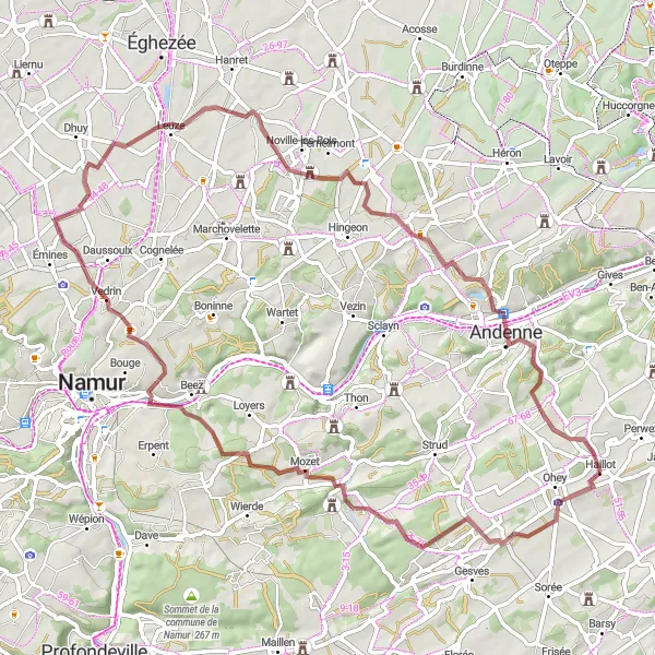 Map miniature of "Coutisse Gravel Challenge" cycling inspiration in Prov. Namur, Belgium. Generated by Tarmacs.app cycling route planner