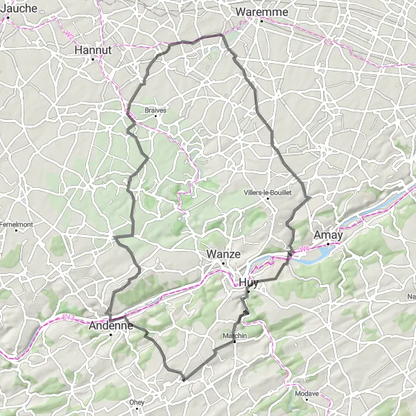 Map miniature of "Ville-en-Hesbaye Loop" cycling inspiration in Prov. Namur, Belgium. Generated by Tarmacs.app cycling route planner