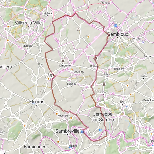 Karten-Miniaturansicht der Radinspiration "Malerische Feldwege um Ham-sur-Sambre" in Prov. Namur, Belgium. Erstellt vom Tarmacs.app-Routenplaner für Radtouren