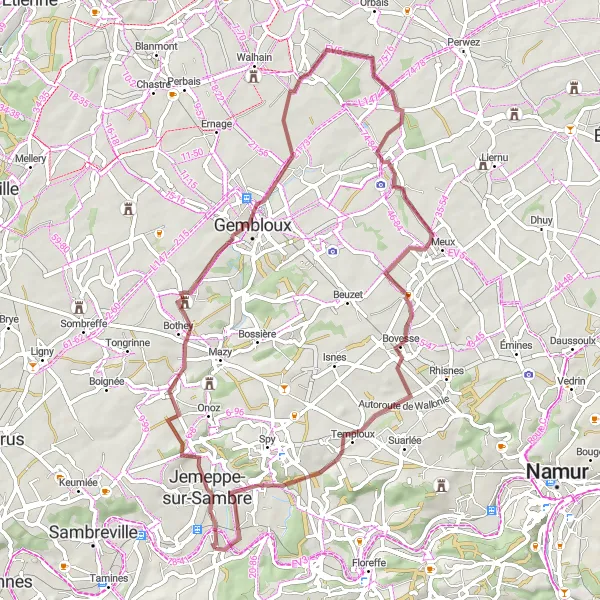 Map miniature of "Sambre Fusion Gravel Route" cycling inspiration in Prov. Namur, Belgium. Generated by Tarmacs.app cycling route planner