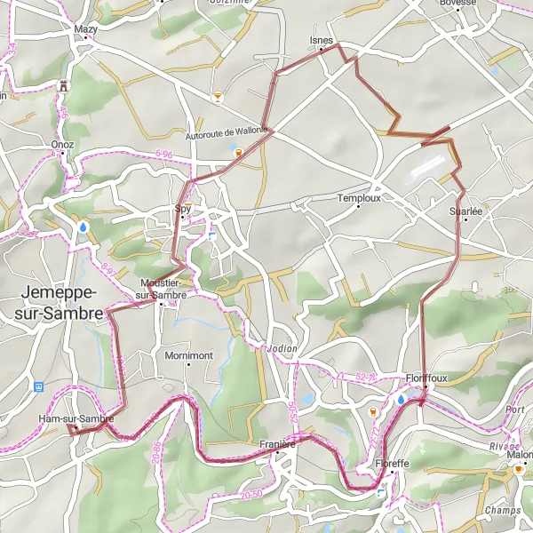 Miniatuurkaart van de fietsinspiratie "Gravelroute rond Ham-sur-Sambre" in Prov. Namur, Belgium. Gemaakt door de Tarmacs.app fietsrouteplanner