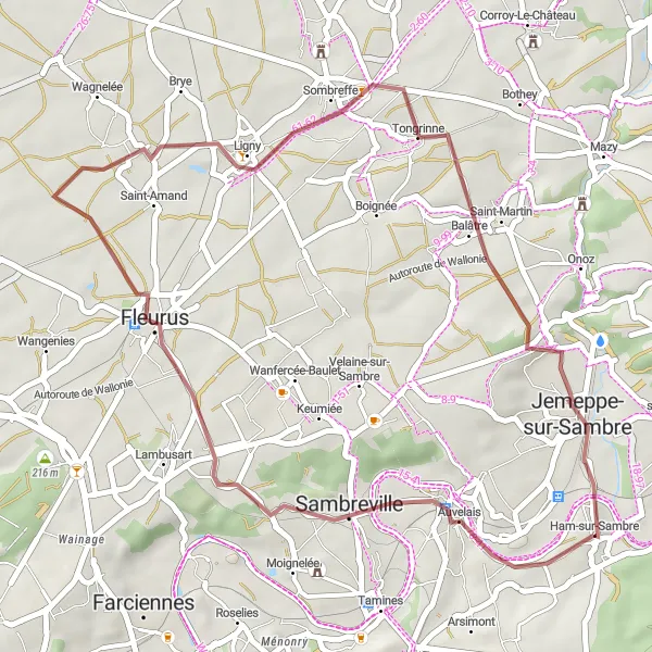 Map miniature of "Scenic Retreat: Auvelais to Ham-sur-Sambre" cycling inspiration in Prov. Namur, Belgium. Generated by Tarmacs.app cycling route planner